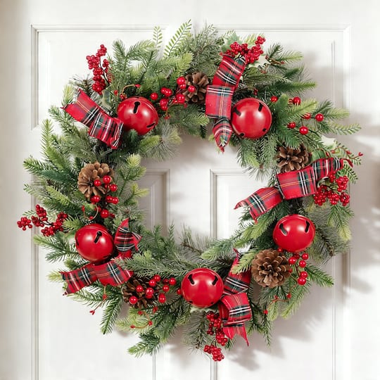 Glitzhome® 26" Christmas Bell Pinecone & Berry Bow Wreath